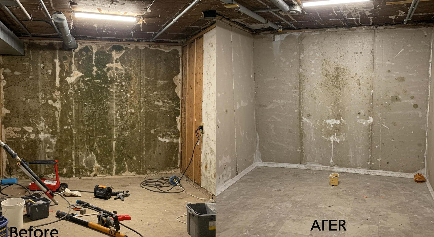 A side-by-side comparison of a mold-infested basement wall (before) and the same wall after professional mold mitigation, now clean and restored.