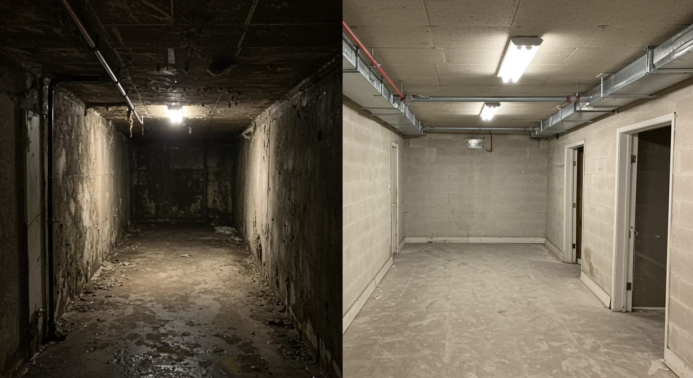 A split image showing a side-by-side comparison of a mold-infested basement before remediation and the same basement after professional remediation.