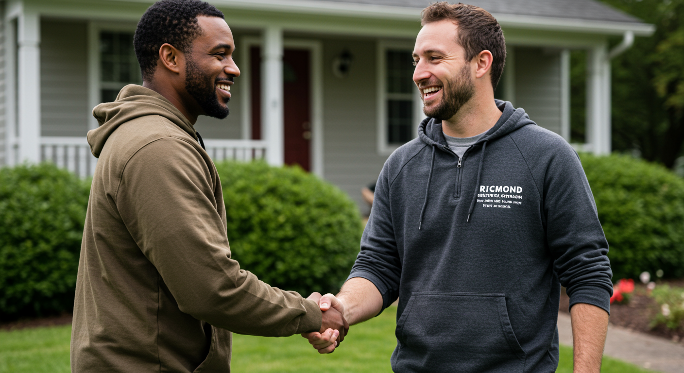 A happy Richmond homeowner shaking hands with a water remediation expert outside a restored home.