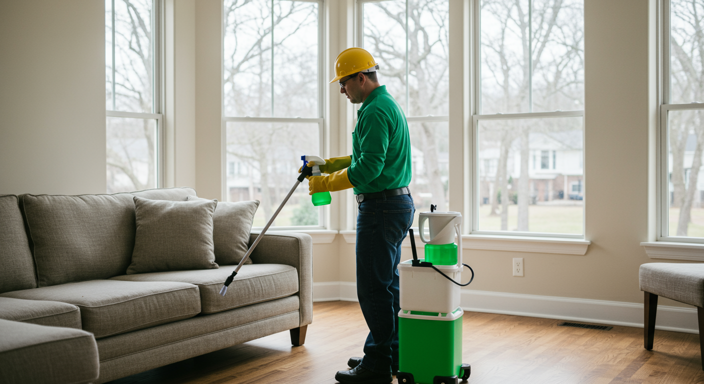 An eco-friendly mold removal process in progress, showcasing a technician using green cleaning solutions. The setting is a Richmond, VA-style living room with large windows and natural light.
