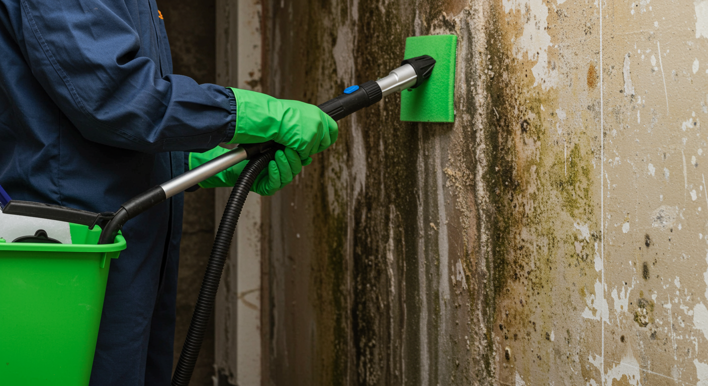 A technician using eco-friendly cleaning solutions to remove mold from a basement wall. The image highlights green-labeled cleaning products and advanced equipment.