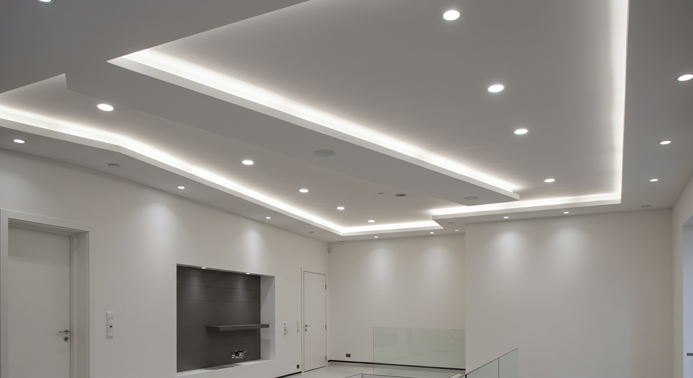 A beautifully restored ceiling with recessed lighting and a sleek, modern finish.