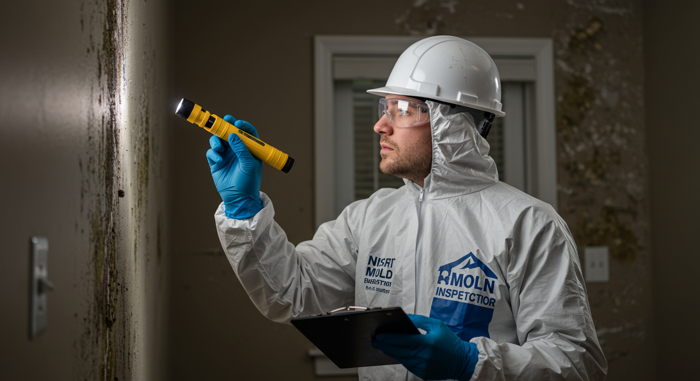 A professional mold inspector wearing protective gear, using a flashlight and specialized equipment to examine a wall for mold.