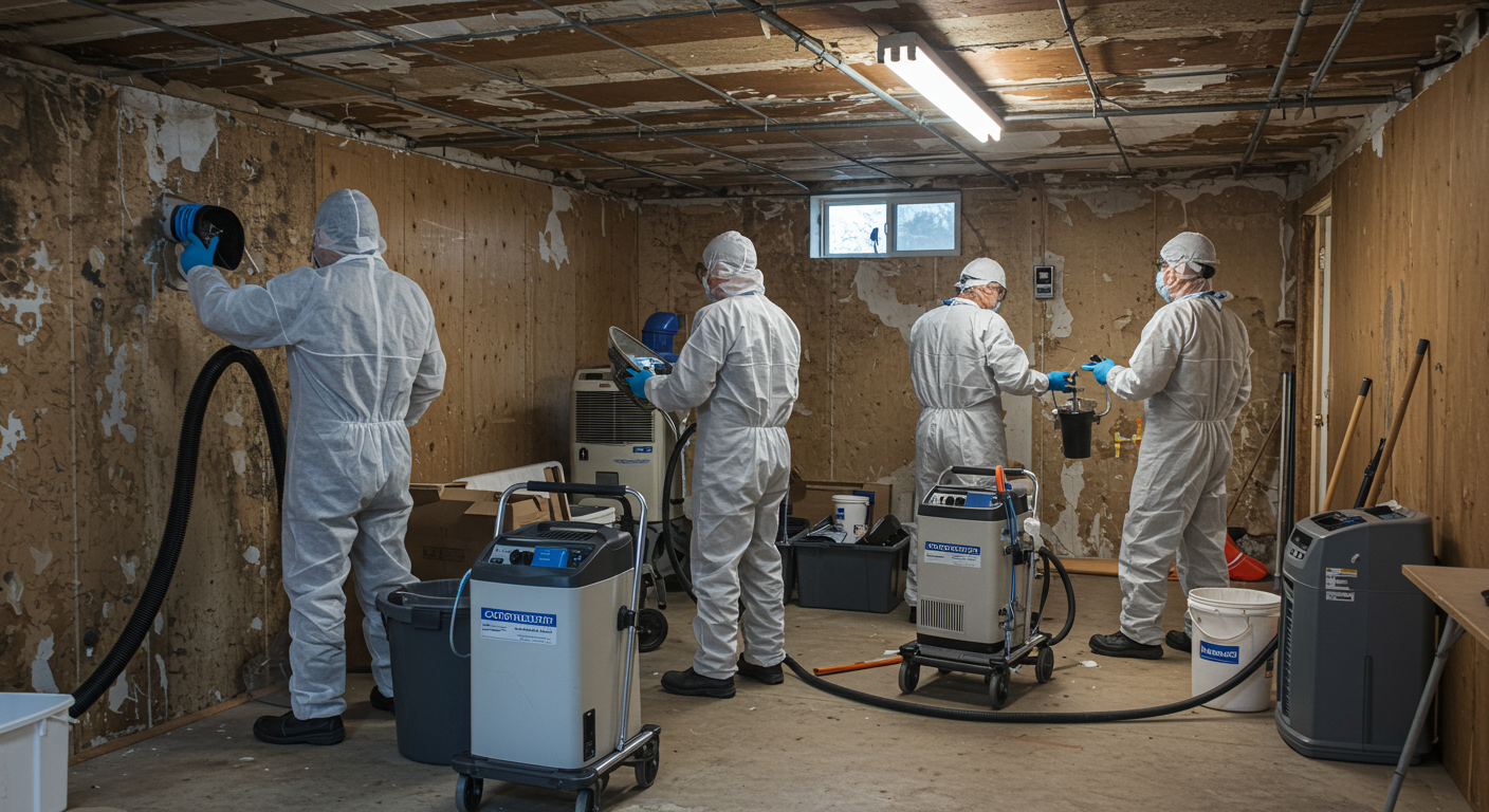 A team of certified mold remediation experts in action, removing mold from a basement wall.