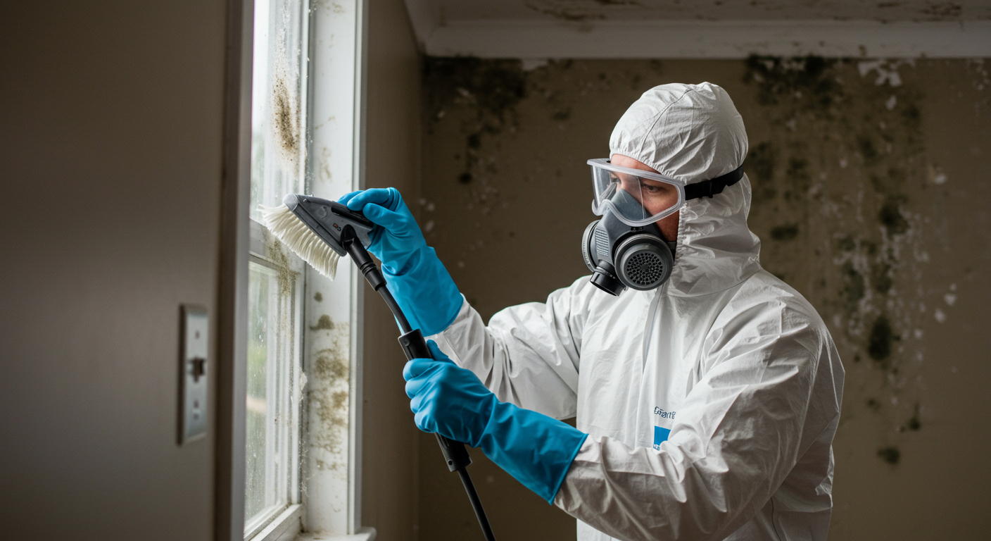 A certified mold remediation expert wearing protective gear actively cleaning a mold-affected area in a Richmond home.