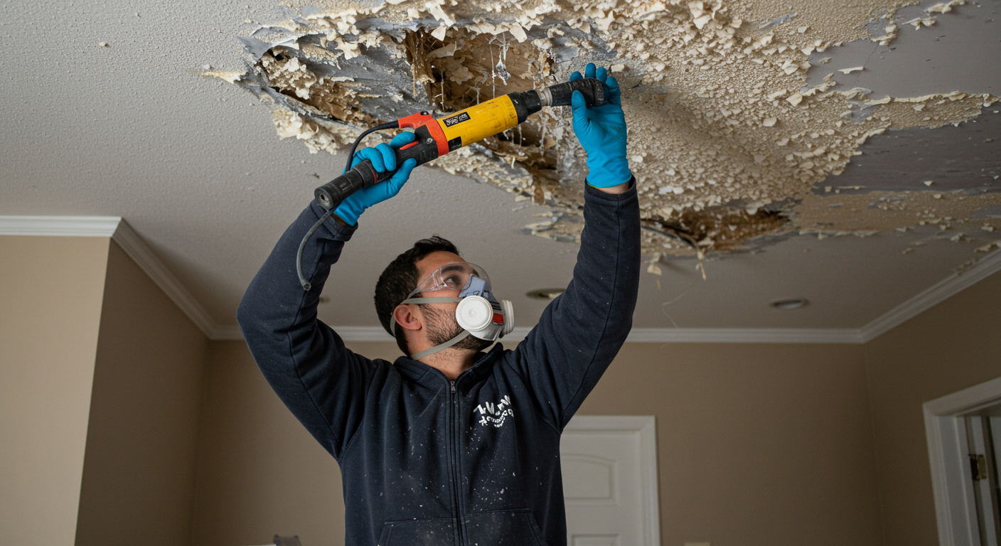 A professional worker wearing protective gear carefully removing a popcorn ceiling using specialized tools.