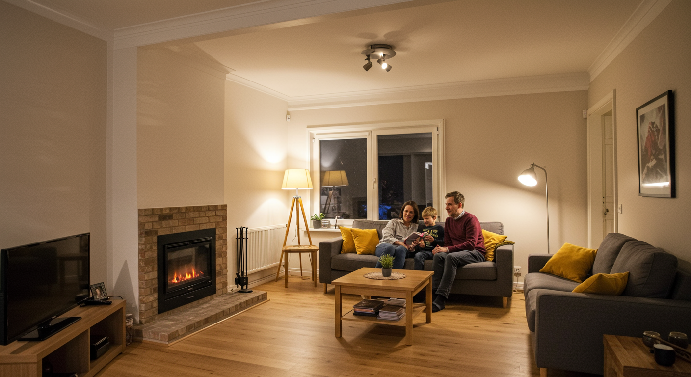 A cozy Richmond home interior with a family enjoying a newly renovated living room. The smooth ceiling is prominently visible, paired with warm lighting and a welcoming atmosphere.