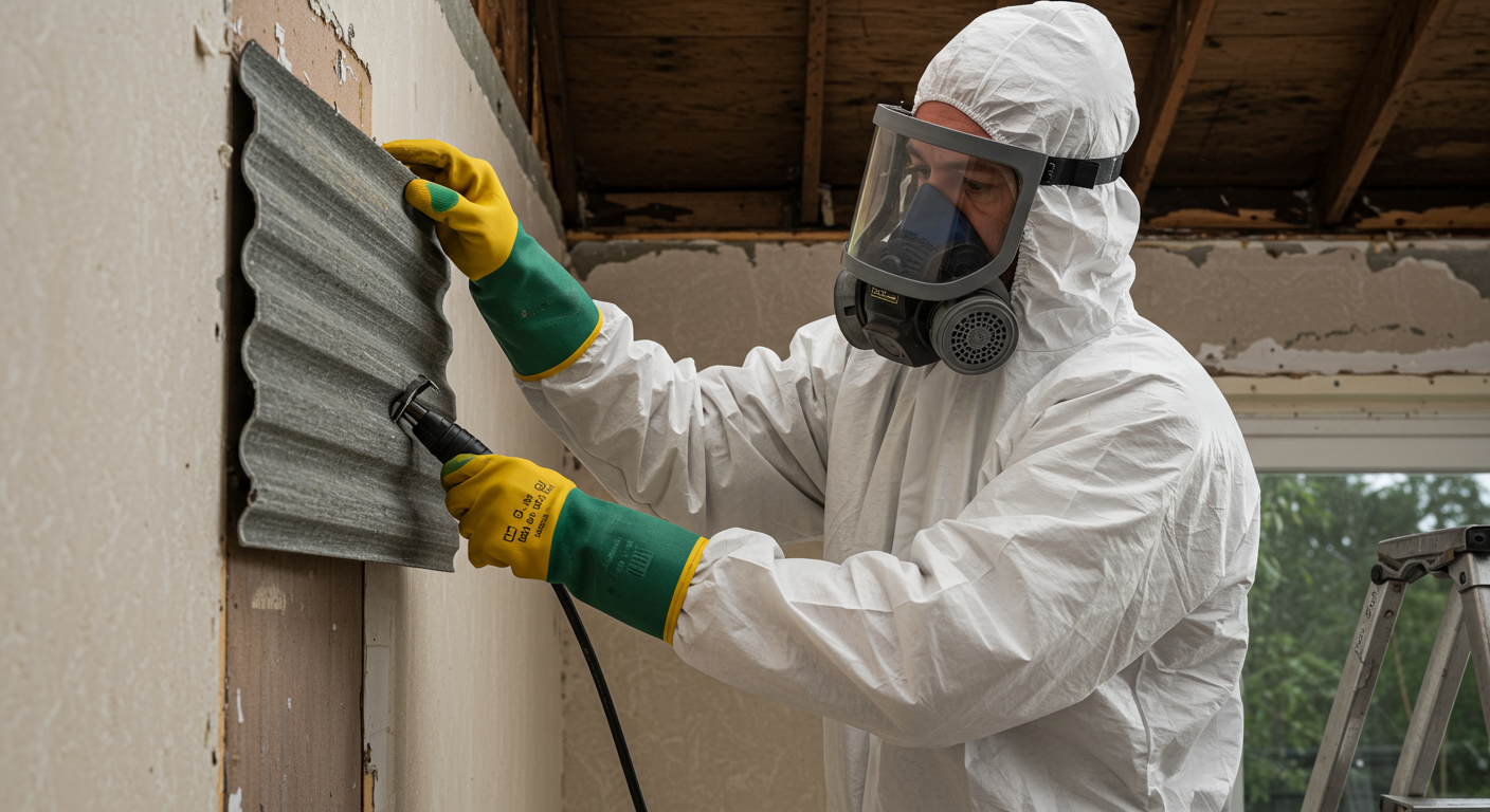 An asbestos removal professional in full protective gear carefully removing asbestos siding from a house.
