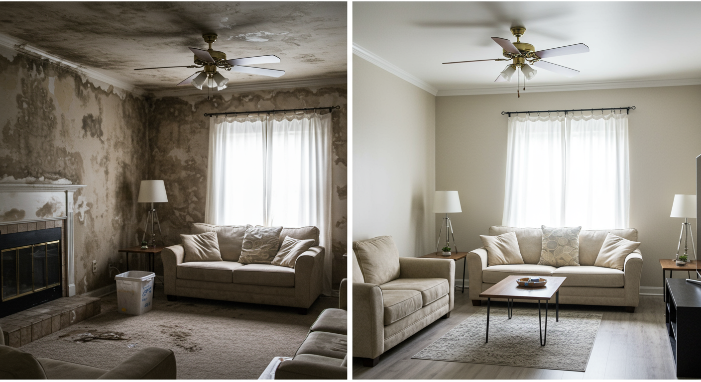 A before-and-after comparison of a living room affected by mold, showcasing the transformation after professional remediation.