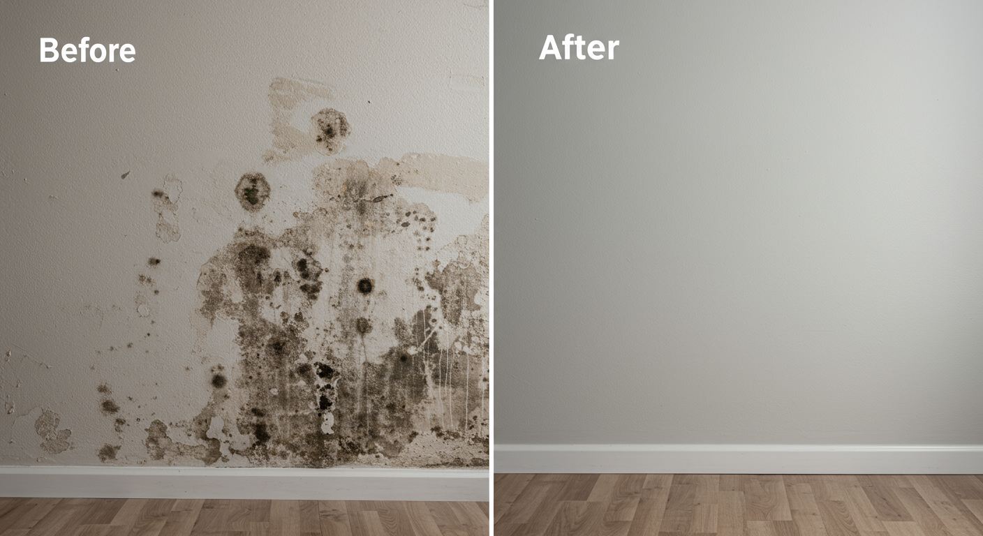 A before-and-after image showing a wall with black mold and the same wall after successful cleaning. The transformation emphasizes the effectiveness of mold removal.