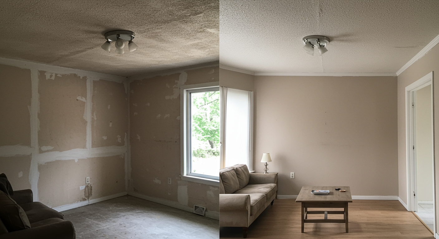 A before-and-after comparison of a living room with a popcorn ceiling and the same room after the ceiling has been removed, showcasing a smooth, modern finish.