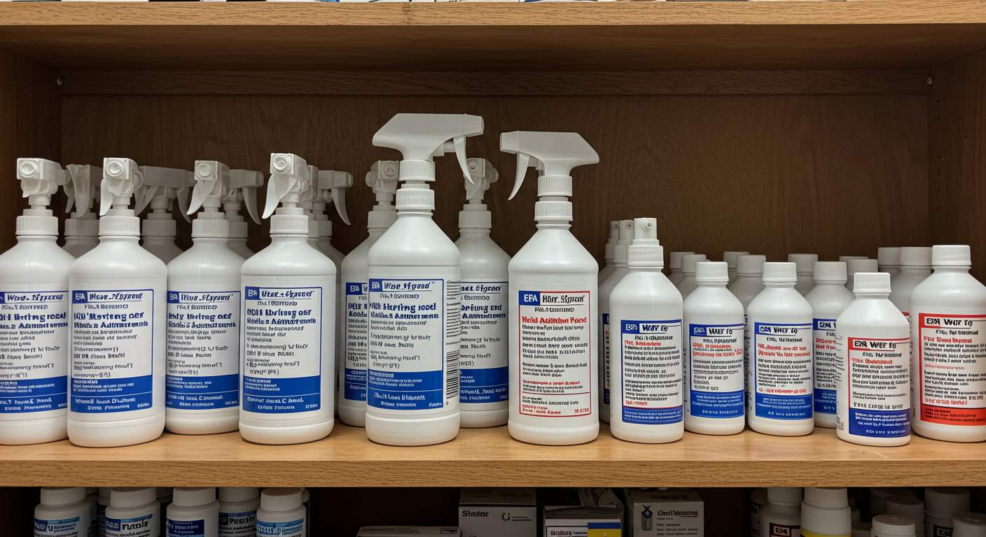 A clean, organized display of various EPA-registered mold abatement products on a wooden shelf. The products are in their original packaging, showcasing labels that emphasize safety and effectiveness.