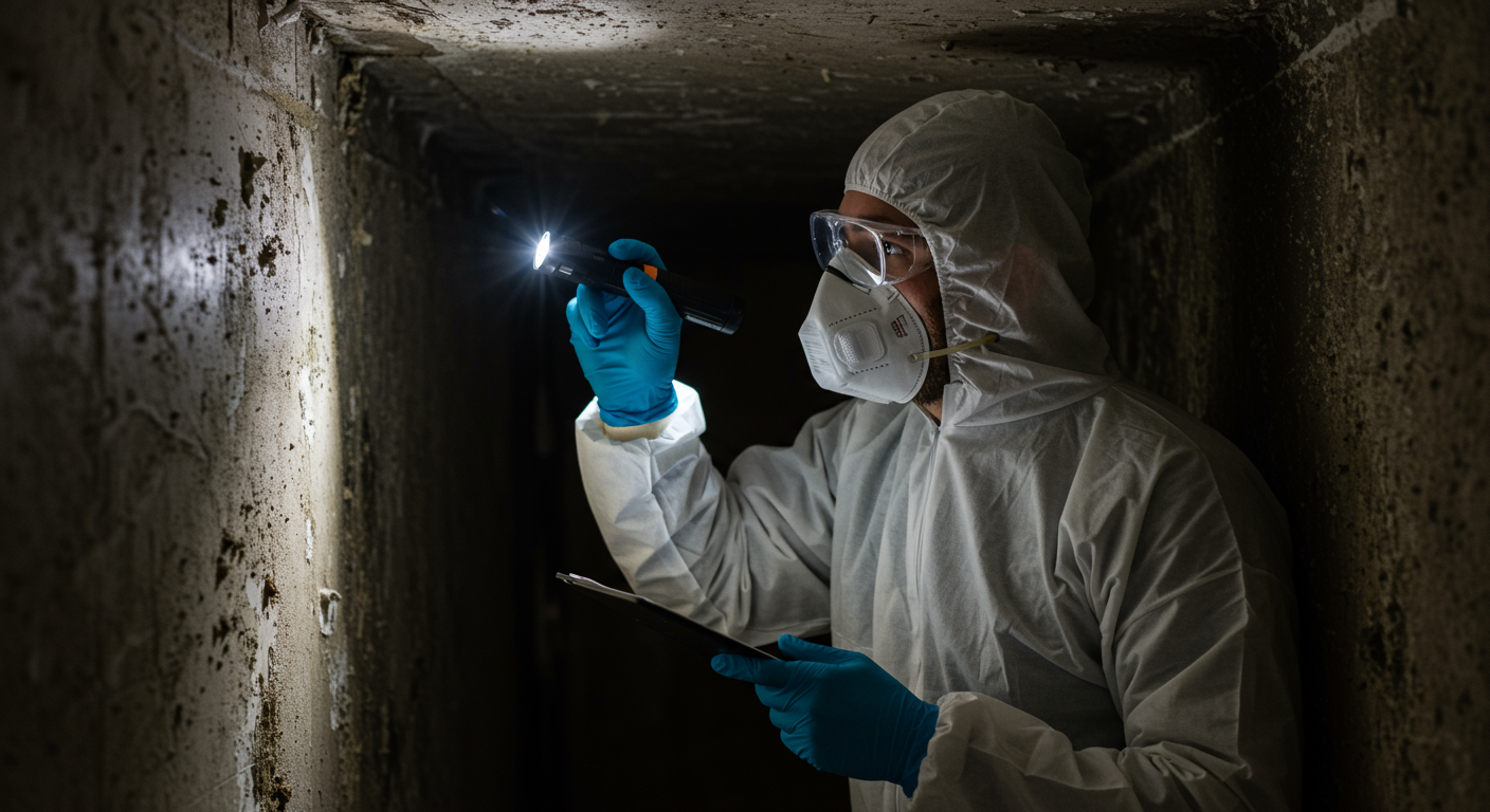 A professional mold inspector examining a commercial property, using a flashlight to inspect dark corners and walls for mold growth. The inspector is wearing protective gear, including gloves and a mask, to emphasize safety.
