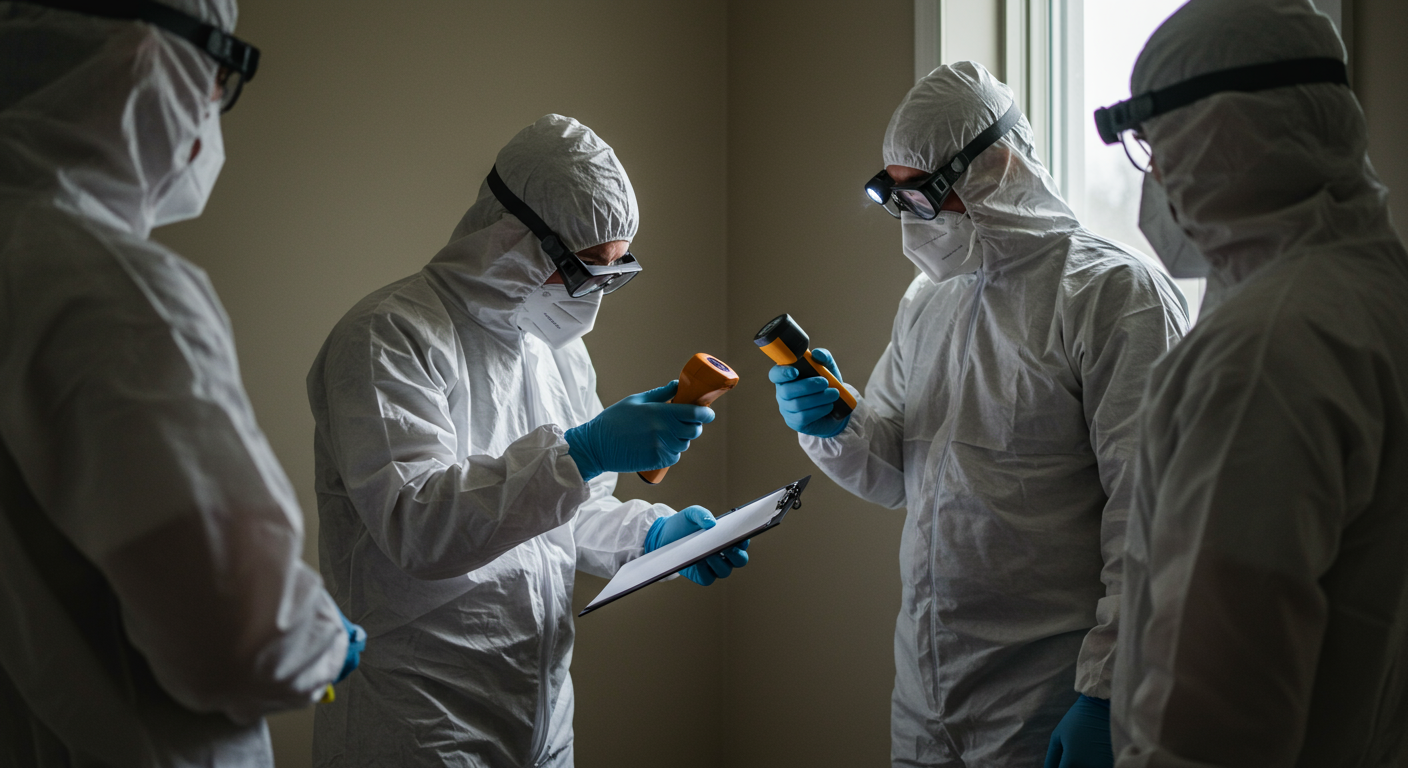 A professional mold remediation team in protective gear actively inspecting a home for mold.
