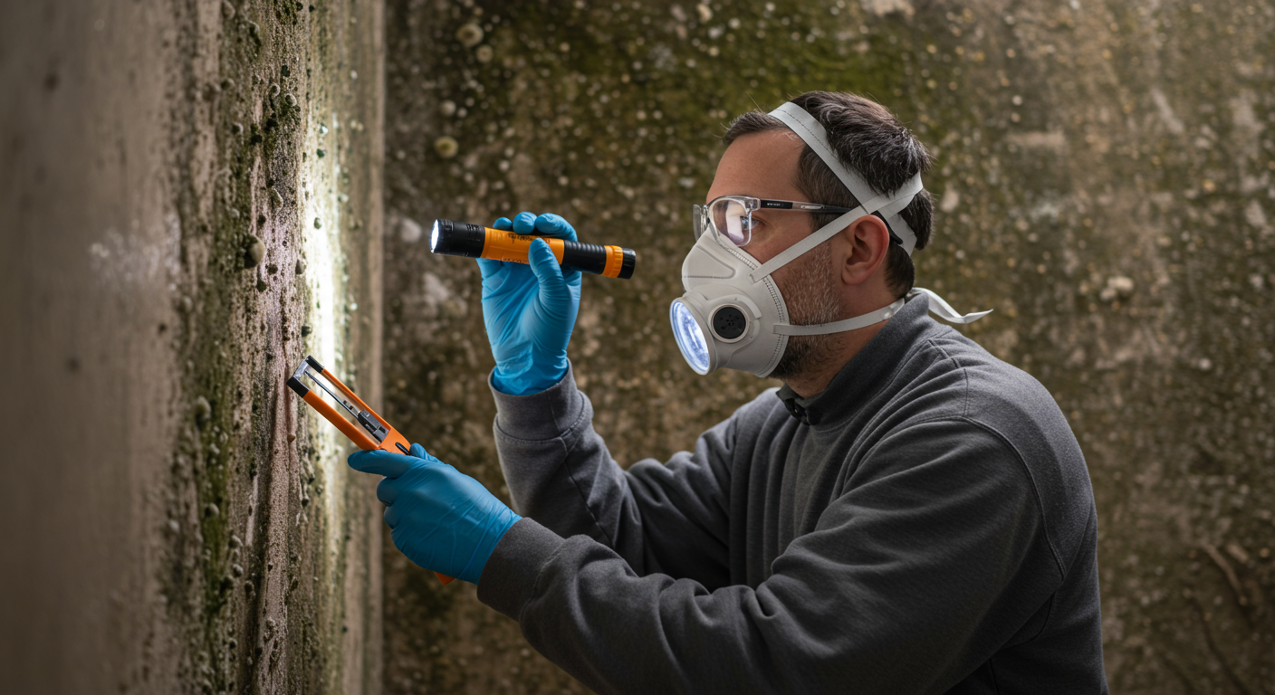 A professional mold inspector examining a wall with visible mold growth, using a flashlight and tools. The inspector wears protective gear, emphasizing safety during the inspection process.