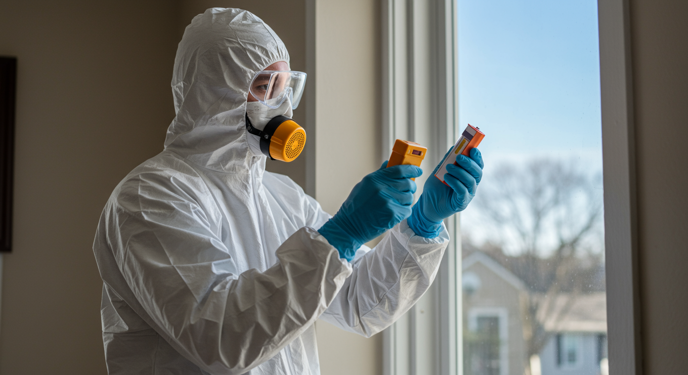 A professional mold inspector in protective gear examining a wall for mold growth with a testing kit in hand. The background shows a residential setting in Richmond, VA, with a clear blue sky visible through a window.