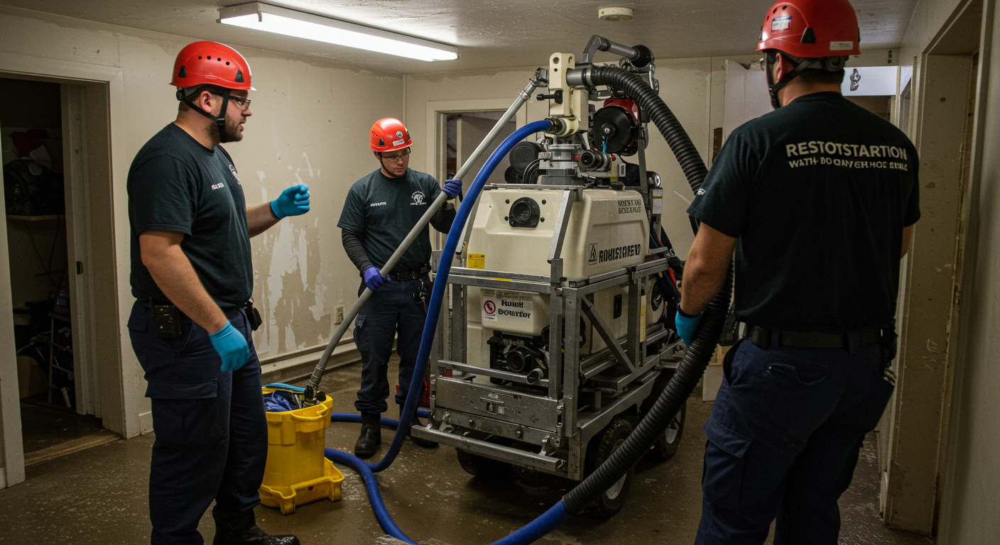 A restoration team in action, using specialized equipment to remove water from a flooded basement. The team members are focused and working together, demonstrating professionalism and teamwork.