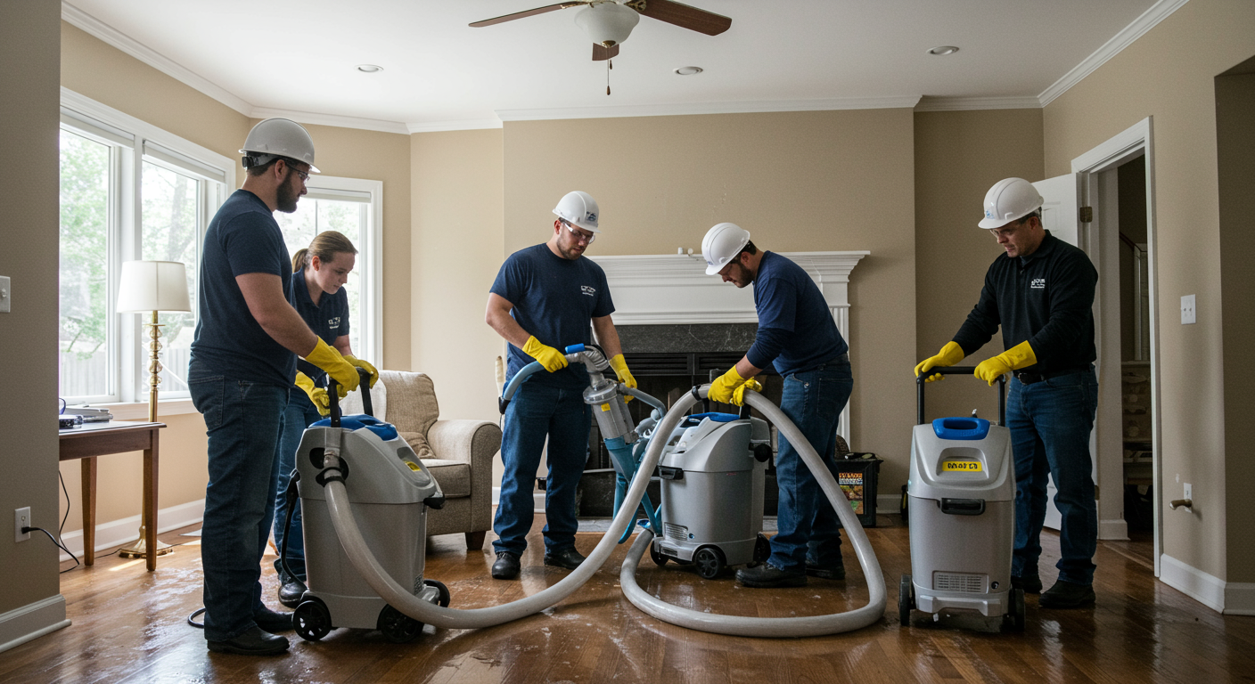 A team of restoration professionals working together to remove water from a flooded living room. They are using pumps and drying equipment.