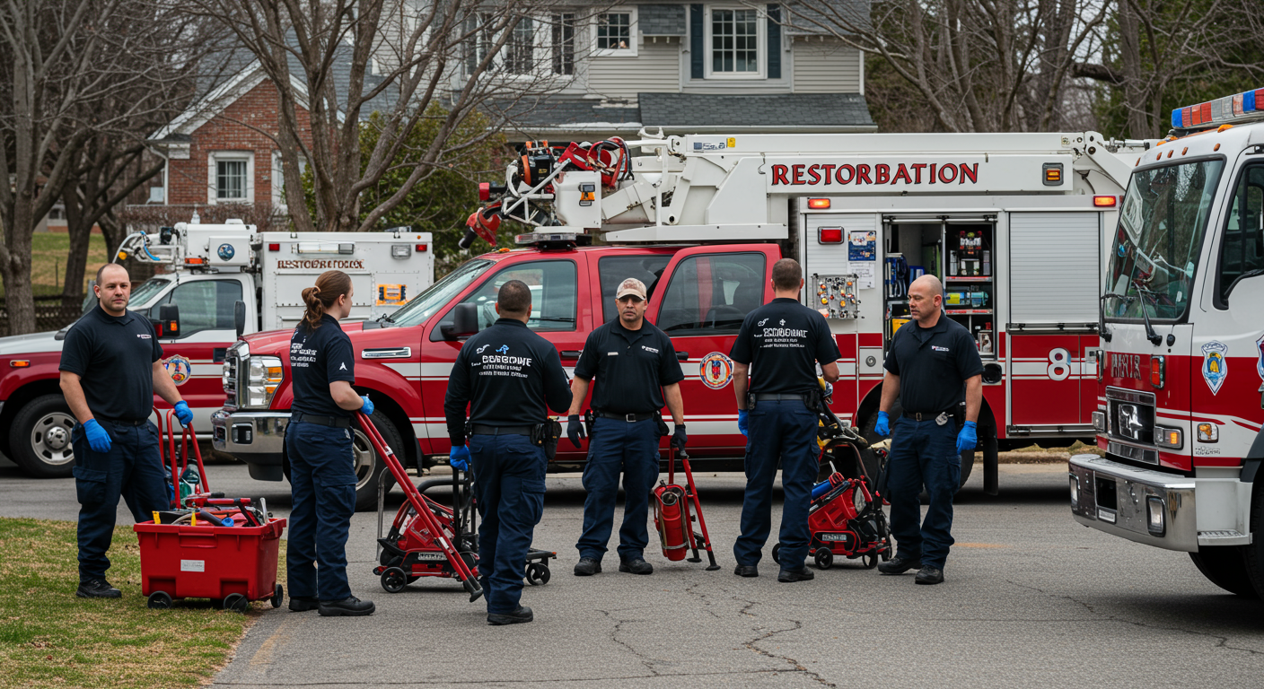 A team of restoration professionals arriving at a Richmond home with emergency response vehicles and equipment.