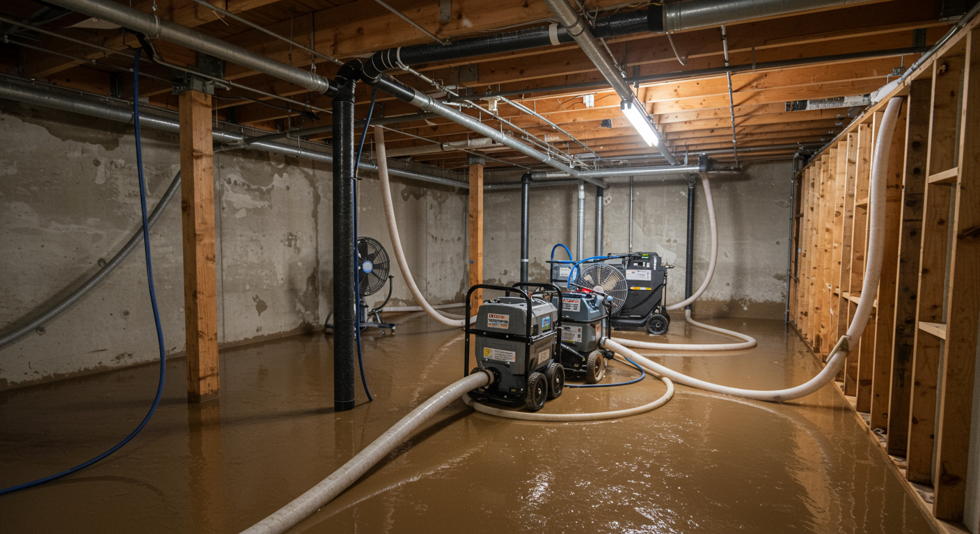 A flooded basement in a Richmond home with visible water and restoration equipment like pumps and fans actively working to remove the water.
