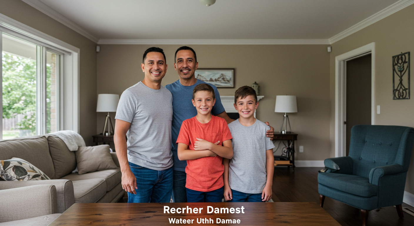 A Richmond family standing in their fully restored living room, smiling and satisfied with the restoration work. The background shows a clean and modern interior, with no signs of previous water damage.