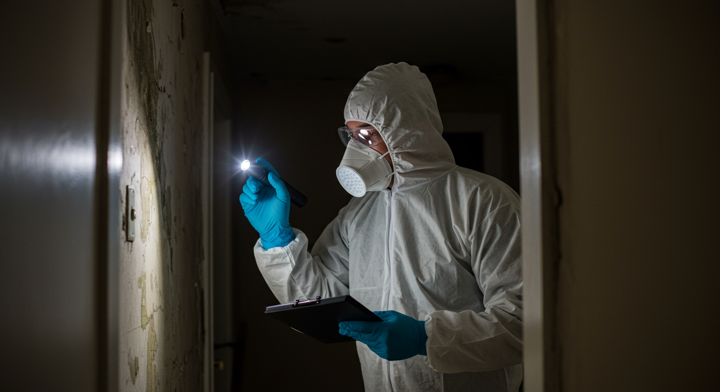 A professional mold remediation technician in protective gear inspecting a home for mold damage.