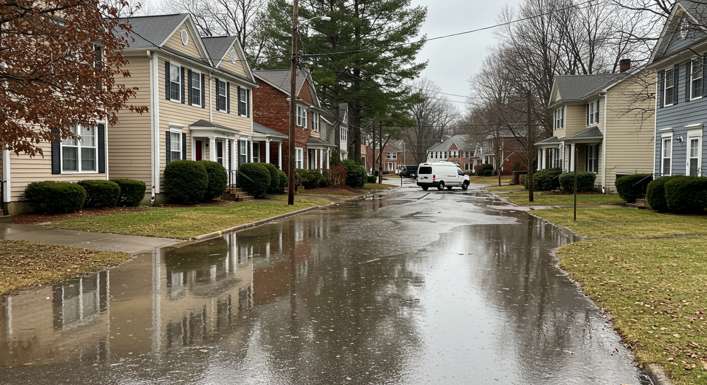 A Richmond, VA neighborhood affected by water damage after heavy rainfall. The image shows a street with water pooling around homes, with a restoration service van parked in the background, emphasizing local expertise.