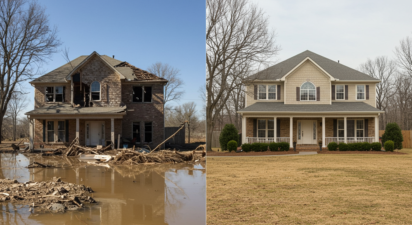 A split image showing a home before and after restoration. The left side depicts damage from a flood, while the right side shows the same home beautifully restored, symbolizing hope and recovery.