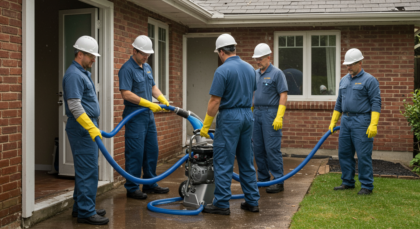 A team of professionals in uniforms actively working to remove water from a residential property, using pumps and wet vacuums, with visible water damage in the background.