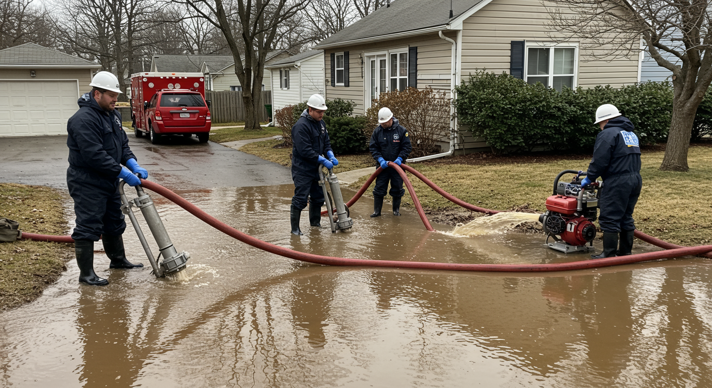 A team of flood restoration contractors in protective gear actively working to remove water from a flooded residential area.