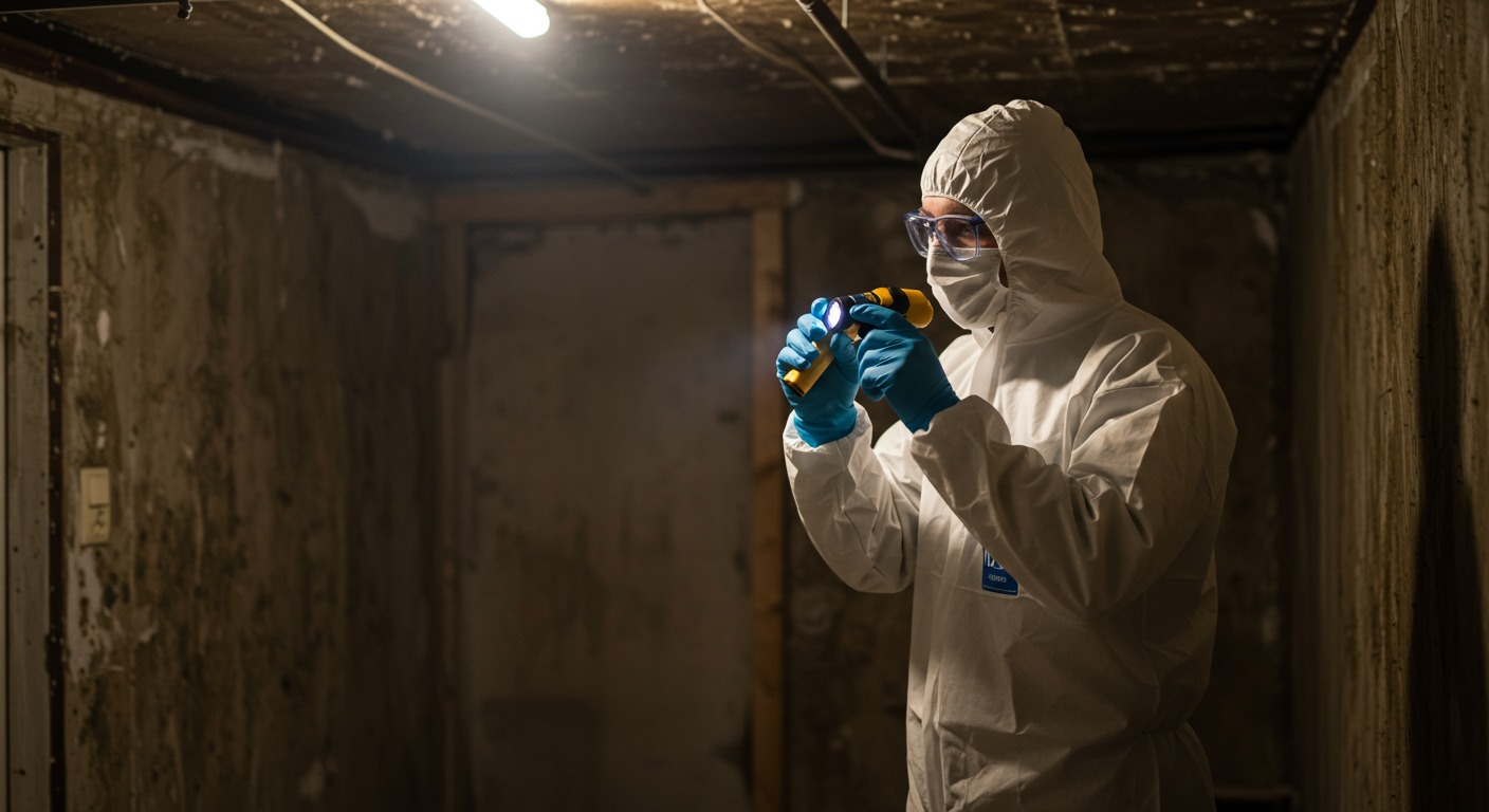 A professional wearing protective gear inspecting a home for mold, using a flashlight and moisture meter. The background shows a dimly lit basement with visible signs of mold on the walls.