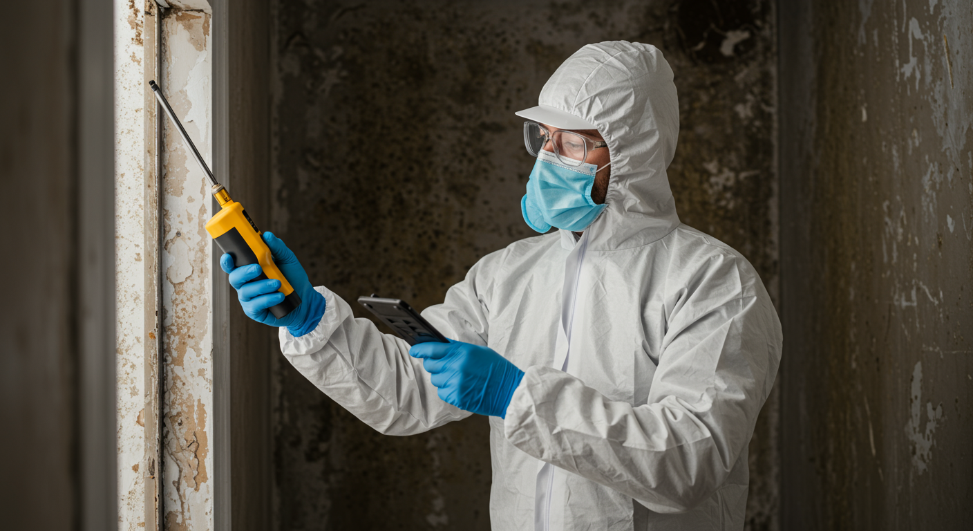 A professional mold inspector wearing protective gear is examining a wall with a moisture meter, highlighting the process of identifying mold damage.