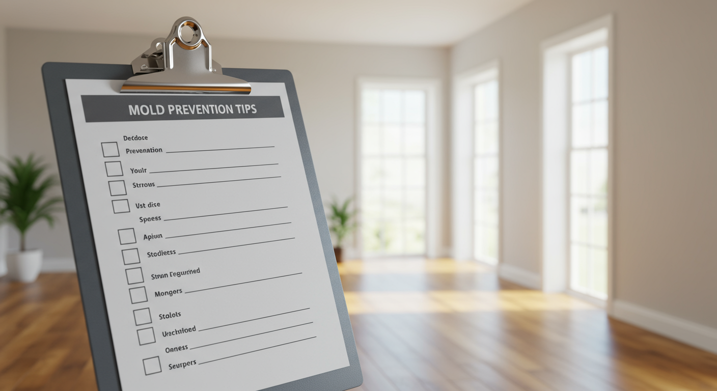 A checklist of mold prevention tips displayed on a clipboard, with a background of a clean home environment.