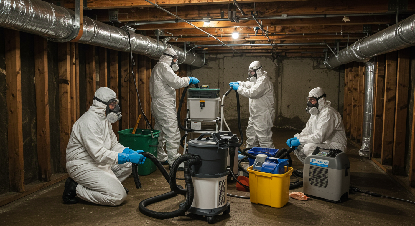 A team of mold remediation specialists working together in a crawl space, wearing safety gear and using equipment to remove mold.