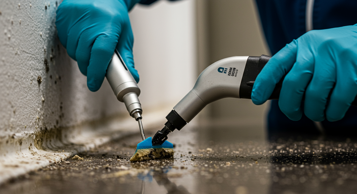 A close-up of a mold cleaning technician using specialized equipment to remove mold from a surface. The focus is on the tools and the technician’s careful approach.