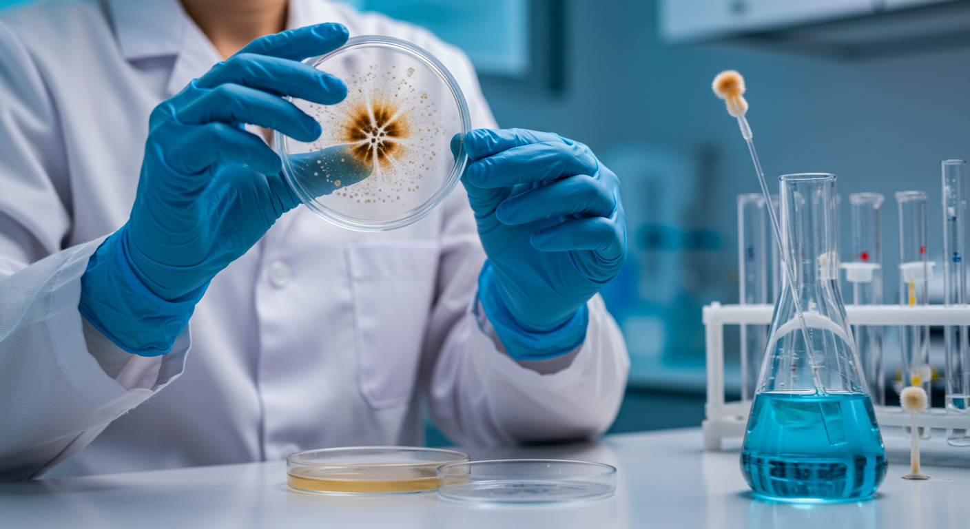 A technician in a lab coat conducting mold spore testing using a petri dish. The background features lab equipment and samples, emphasizing the scientific approach to mold testing and analysis.