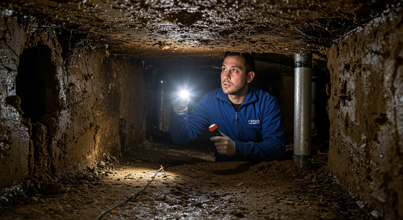 A technician inspecting a crawl space with a flashlight, highlighting damp areas and potential mold growth.